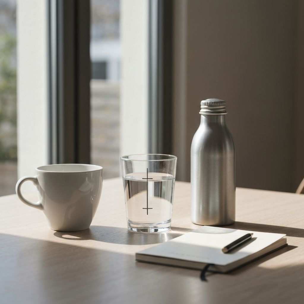 Morning table setup with coffee, water, and supplements